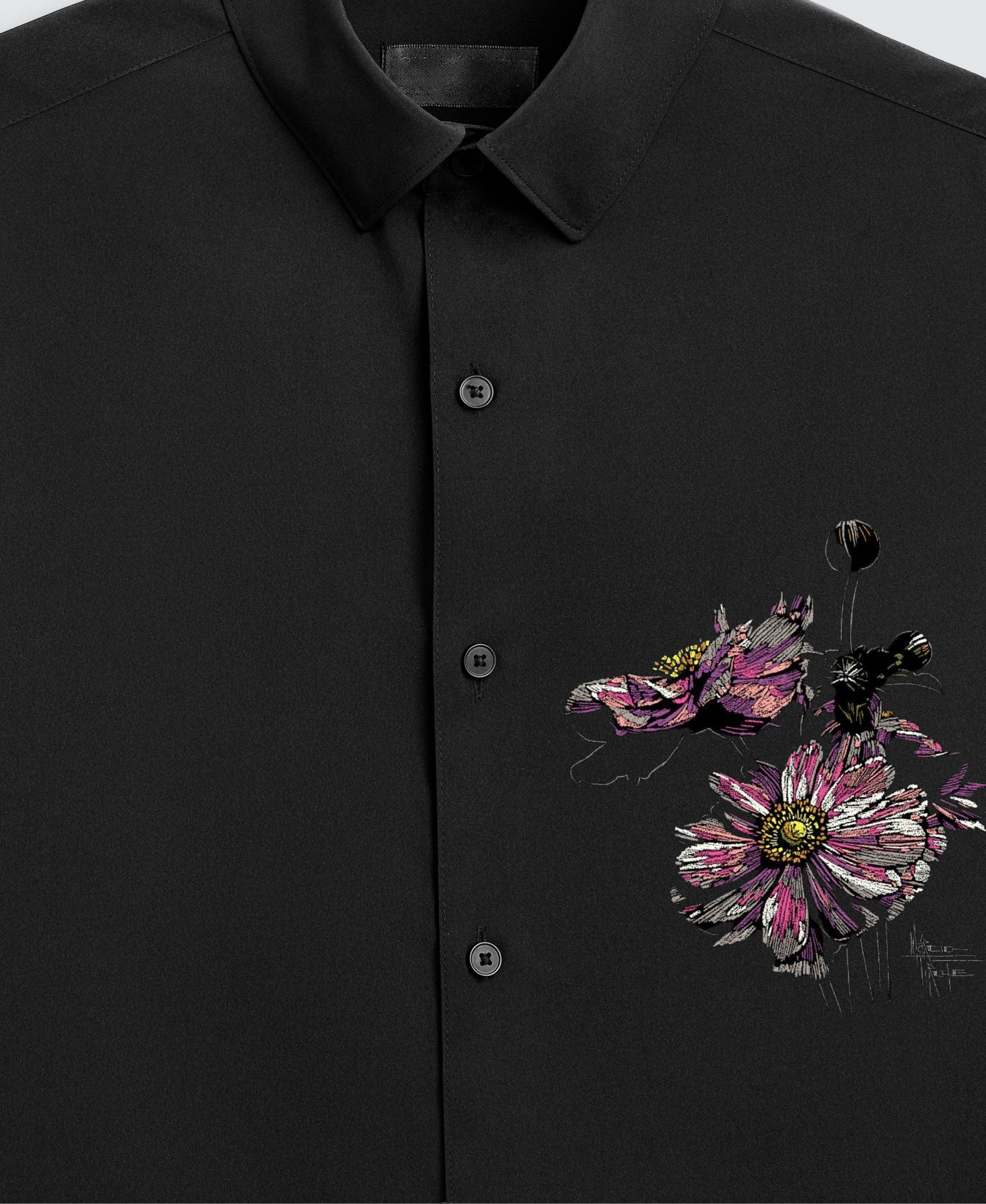 Men's Black Shirt with Artistic Floral Bloom Print