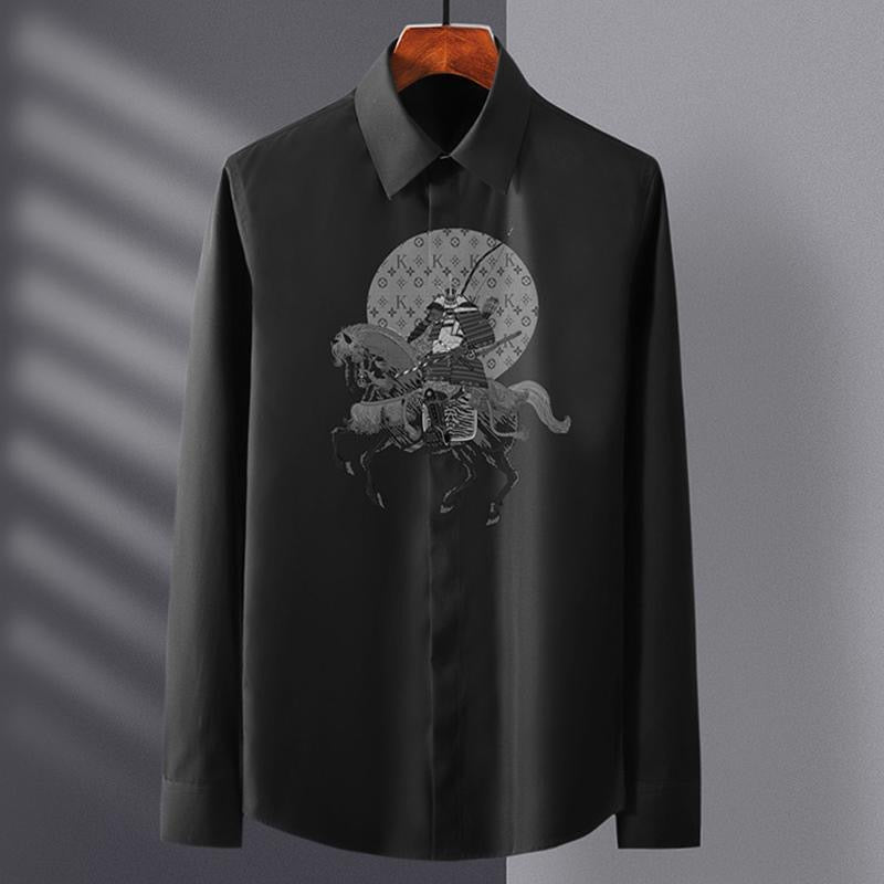 Men’s Long-Sleeve Samurai Warrior Shirt with Lunar Emblem Print