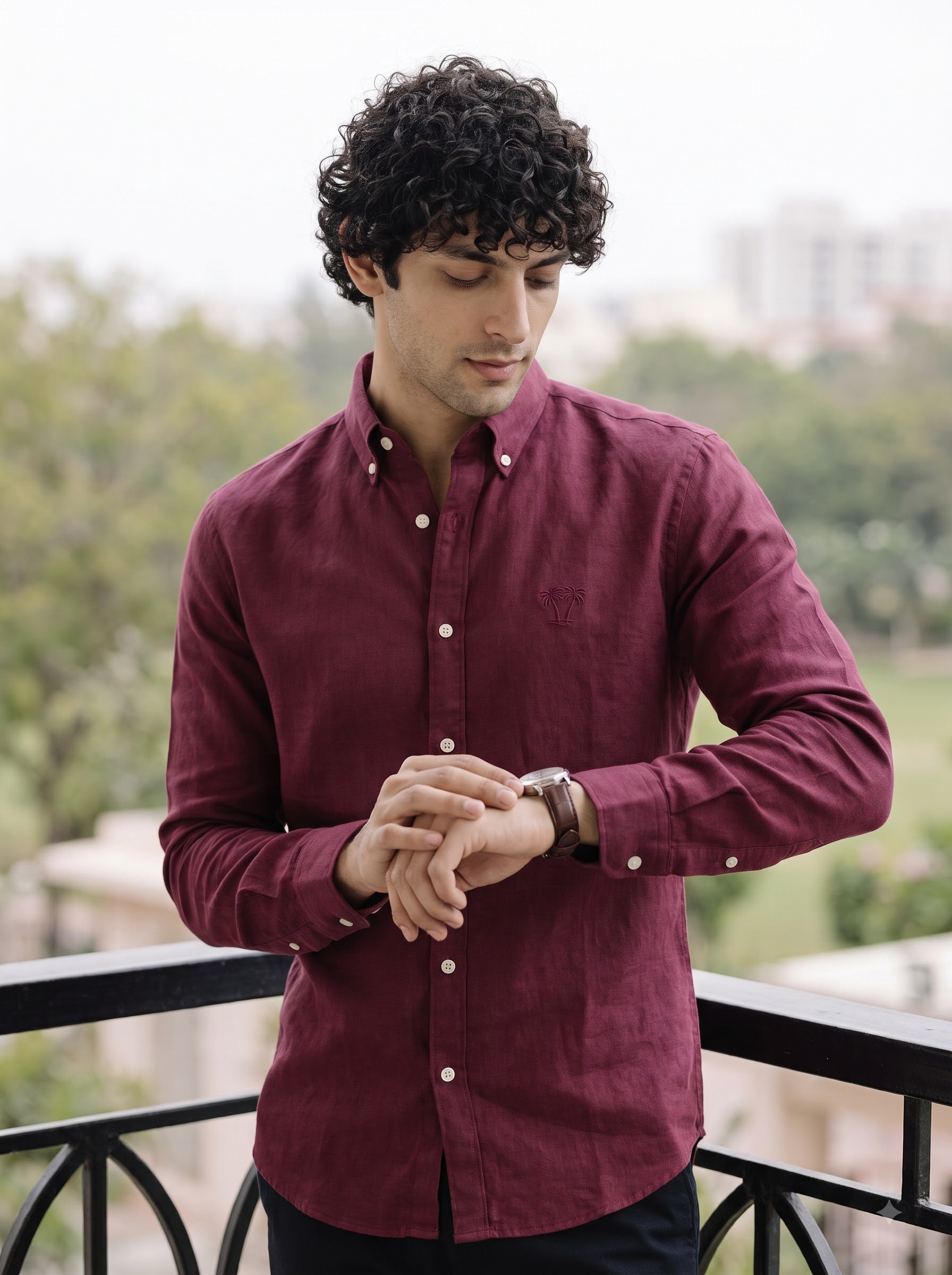 Men's Velvet Burgundy Linen Button-Down Shirt | Breathable Casual Shirt