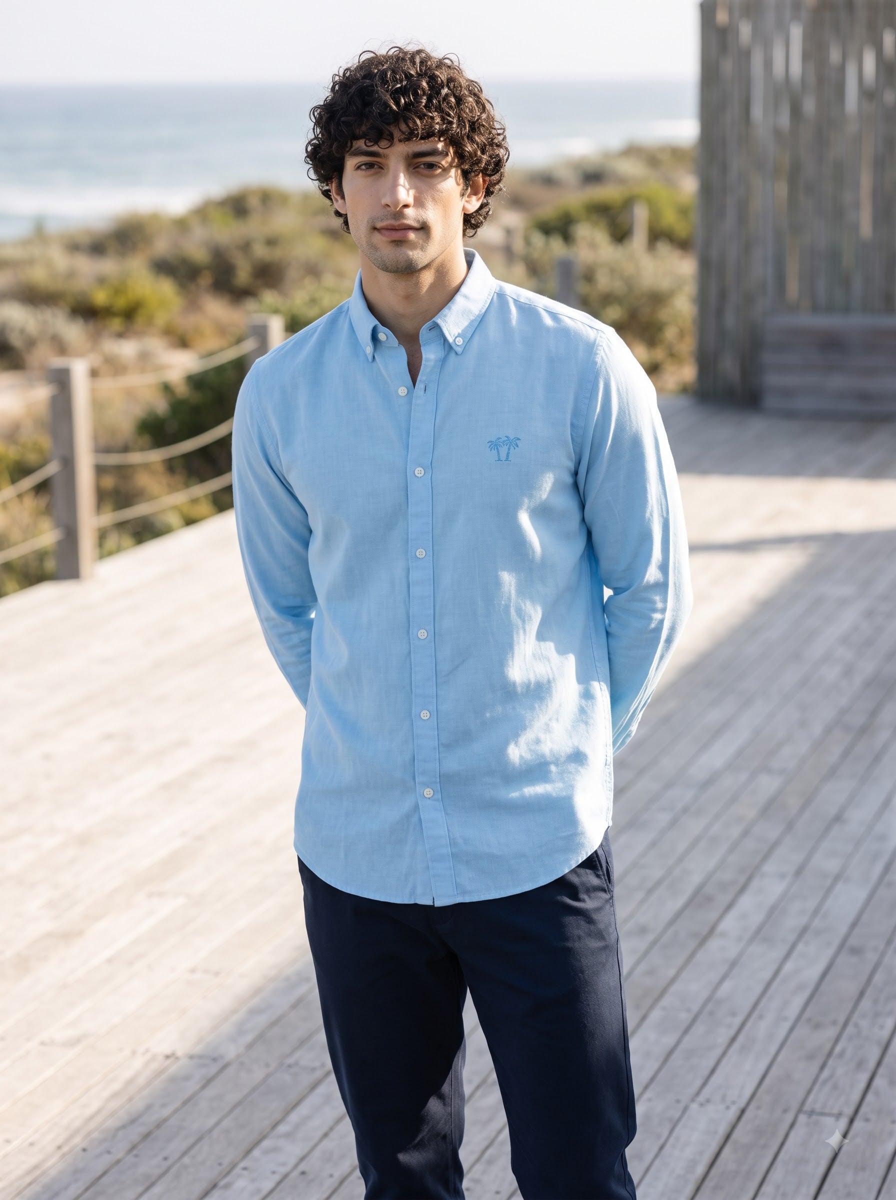 Men's Powder Blue Linen Button-Down Shirt | Breathable Casual Shirt
