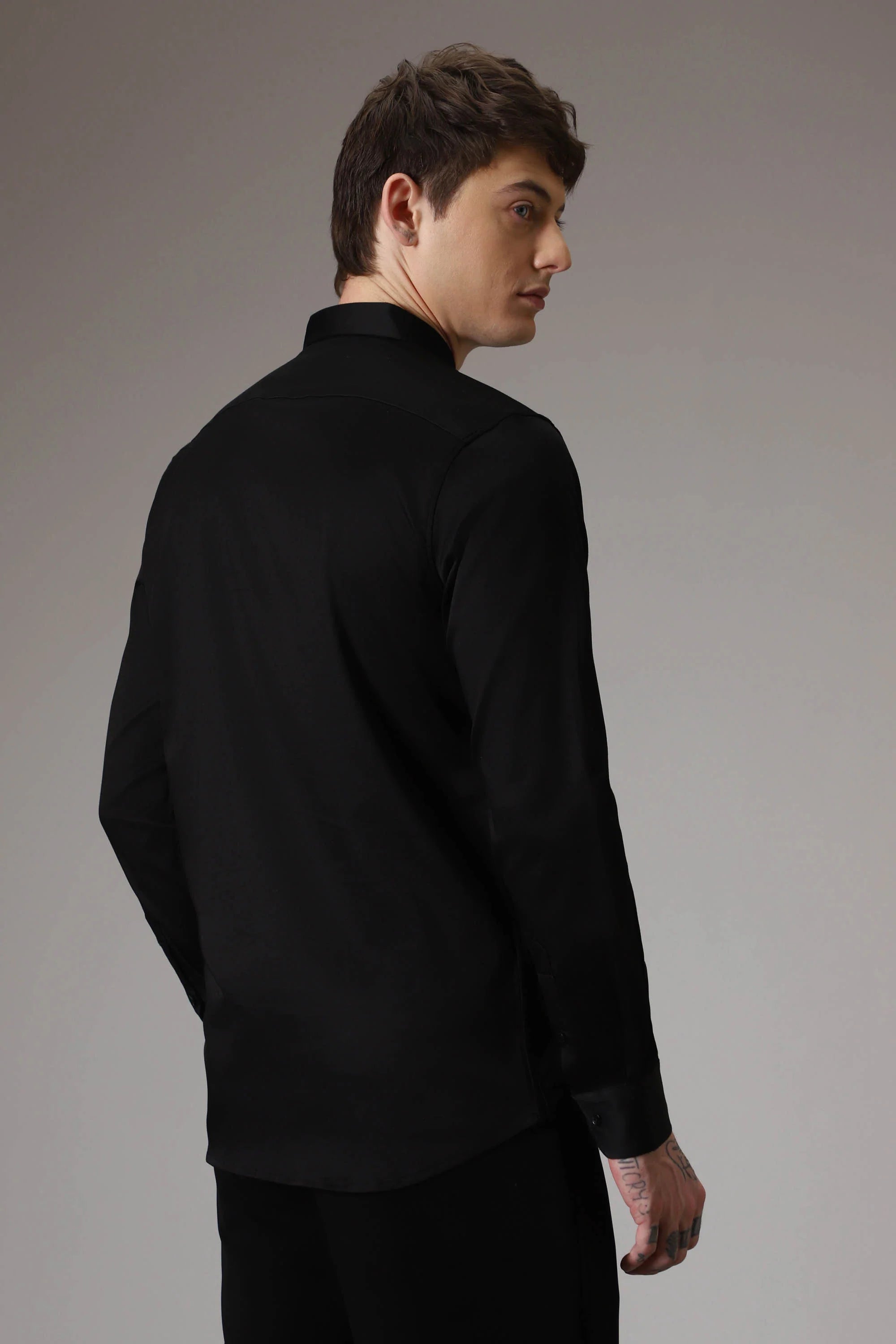 Men’s Black Slim Fit Shirt with Silver Abstract Burst Embroidery & Concealed Button Placket