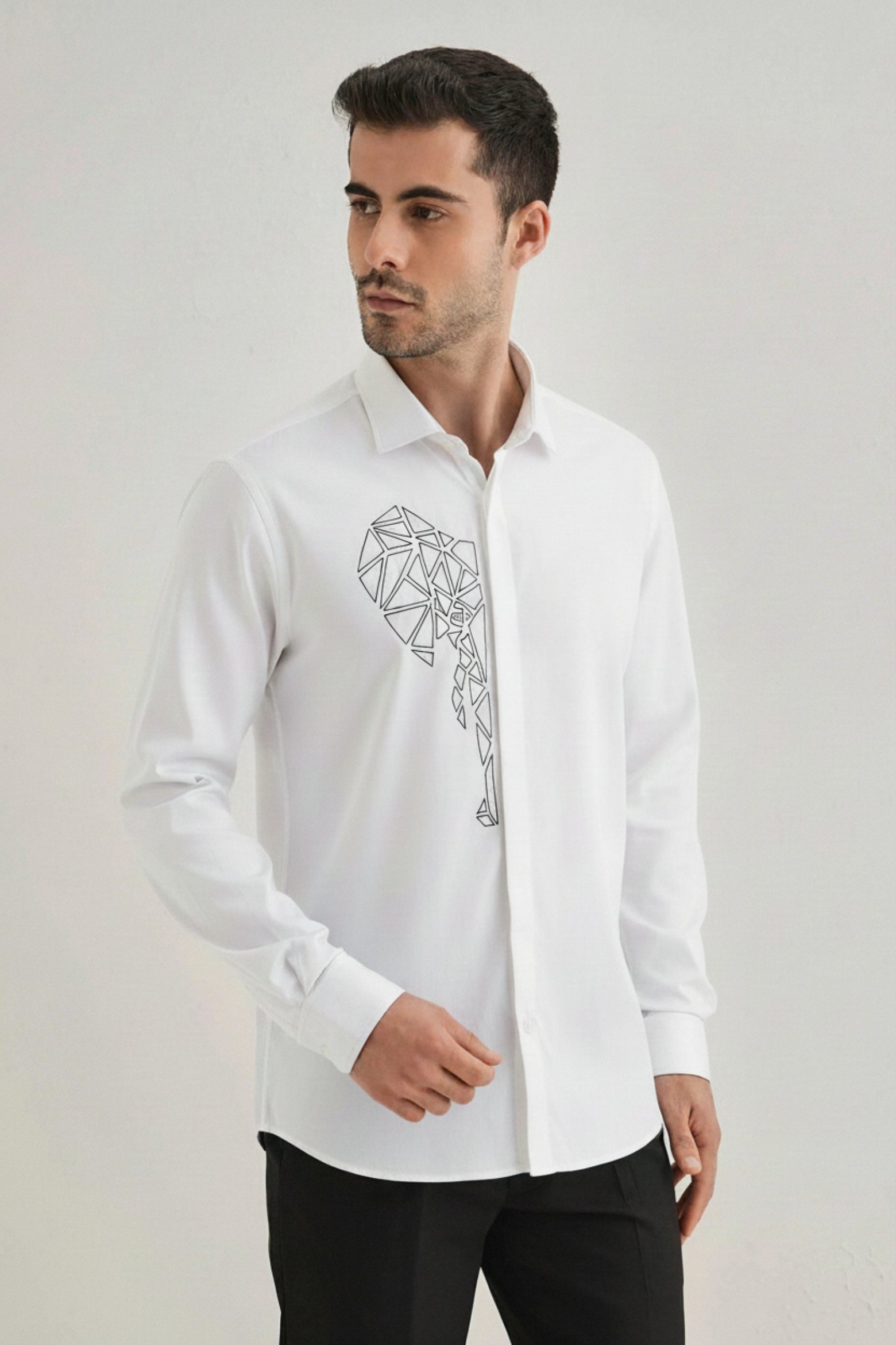 Men’s White Slim Fit Shirt with Geometric Elephant Embroidery & Concealed Placket