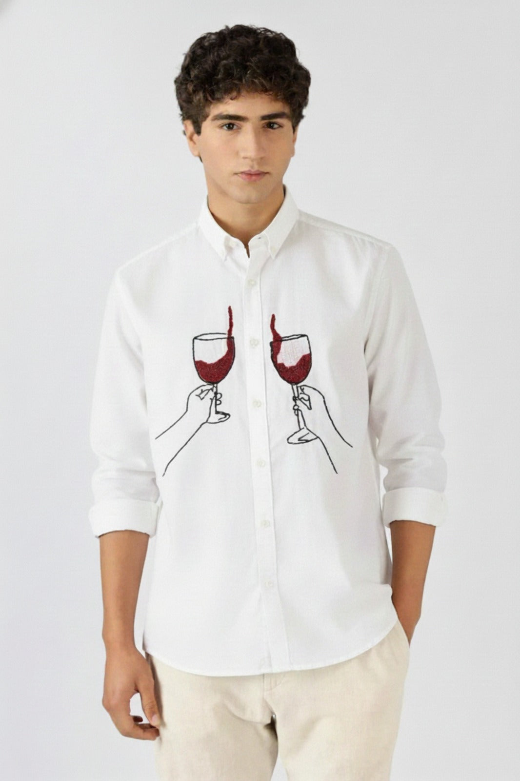 Men’s White Button-Down Shirt with Dual Wine Glass Embroidered Art