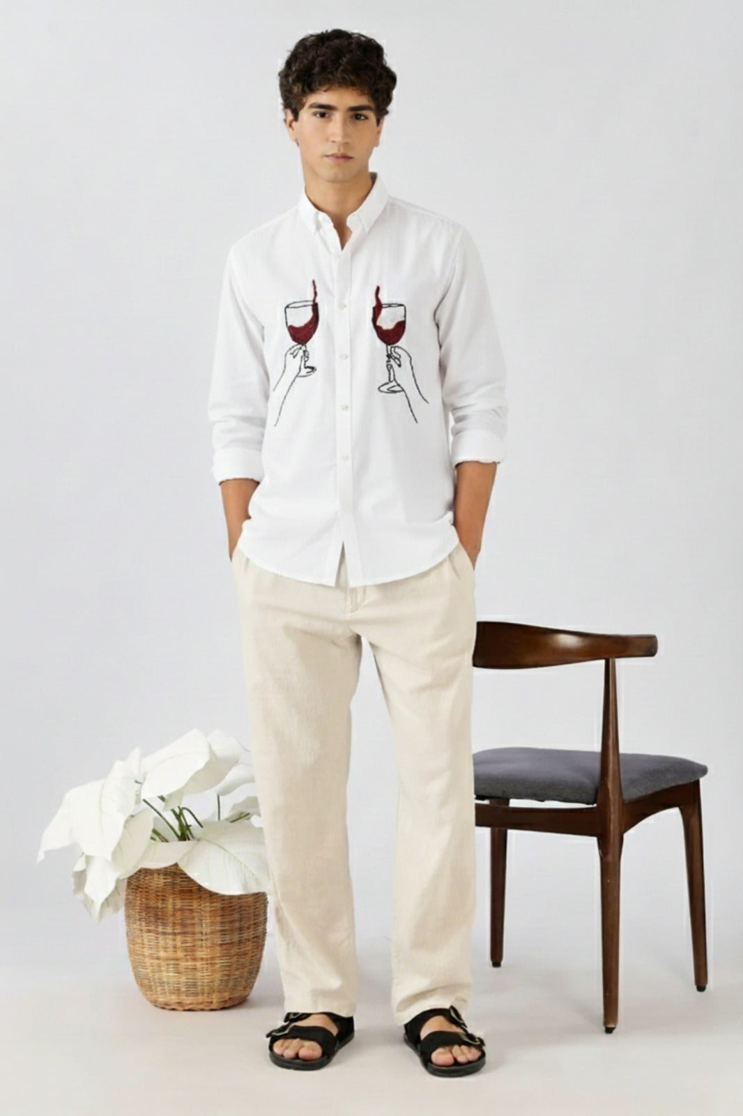 Men’s White Button-Down Shirt with Dual Wine Glass Embroidered Art