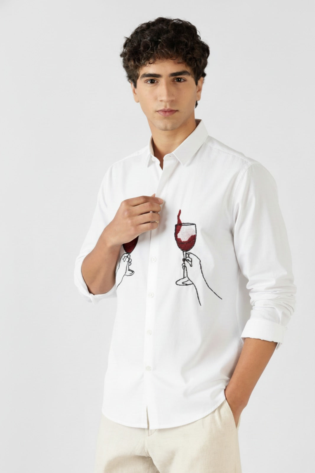 Men’s White Button-Down Shirt with Dual Wine Glass Embroidered Art
