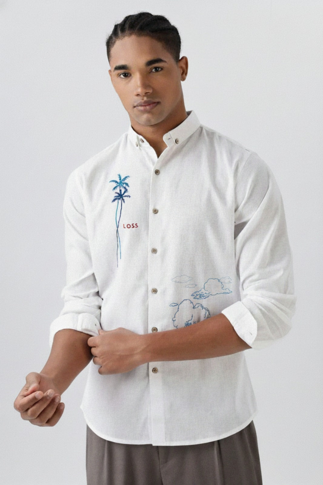 Men’s Embroidered Shirt with Palm Tree & Cloud Art