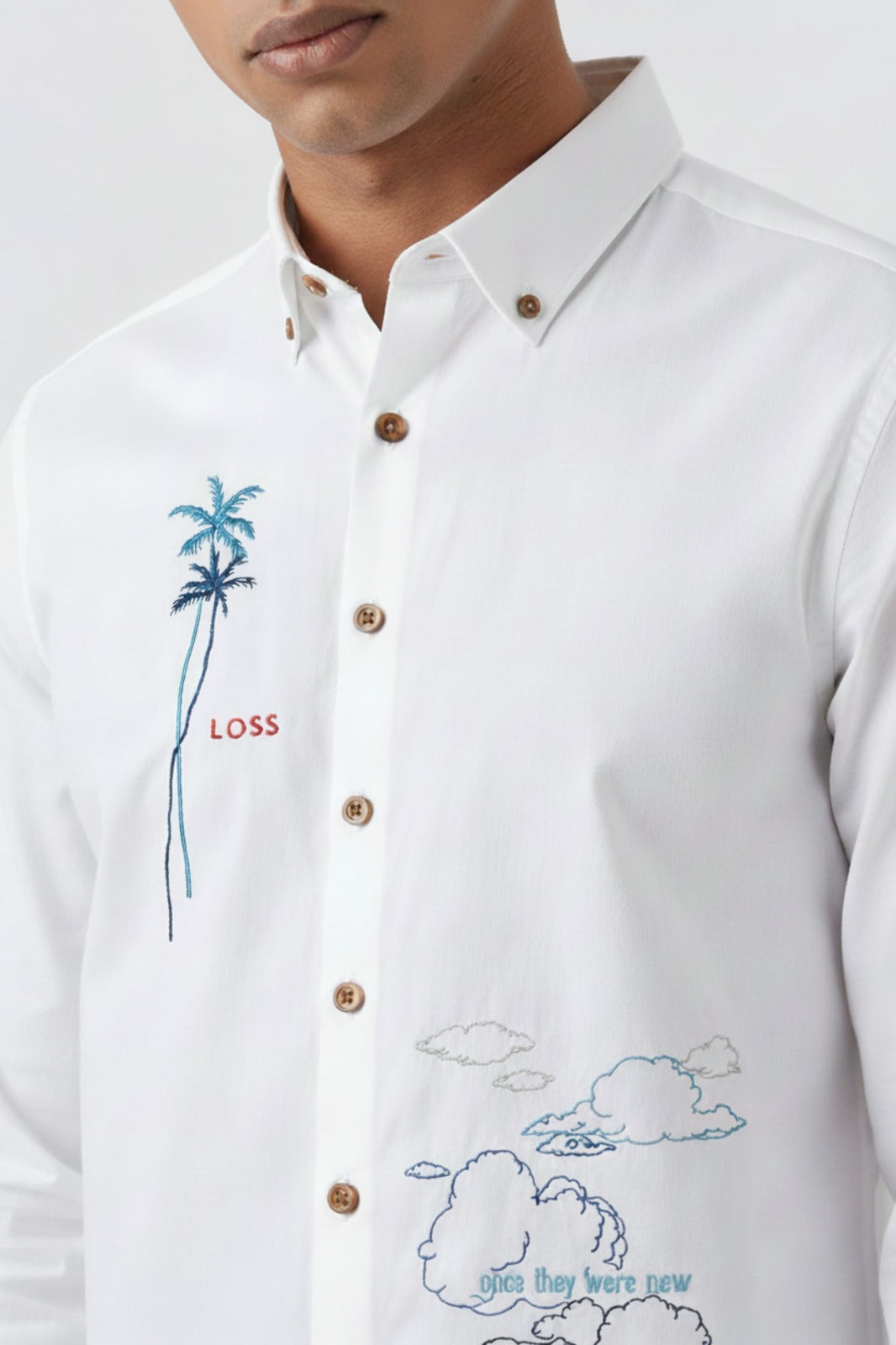 Men’s Embroidered Shirt with Palm Tree & Cloud Art