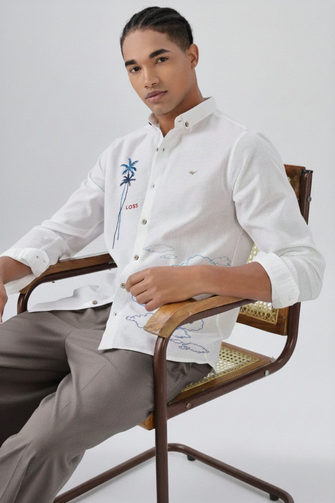 Men’s Embroidered Shirt with Palm Tree & Cloud Art