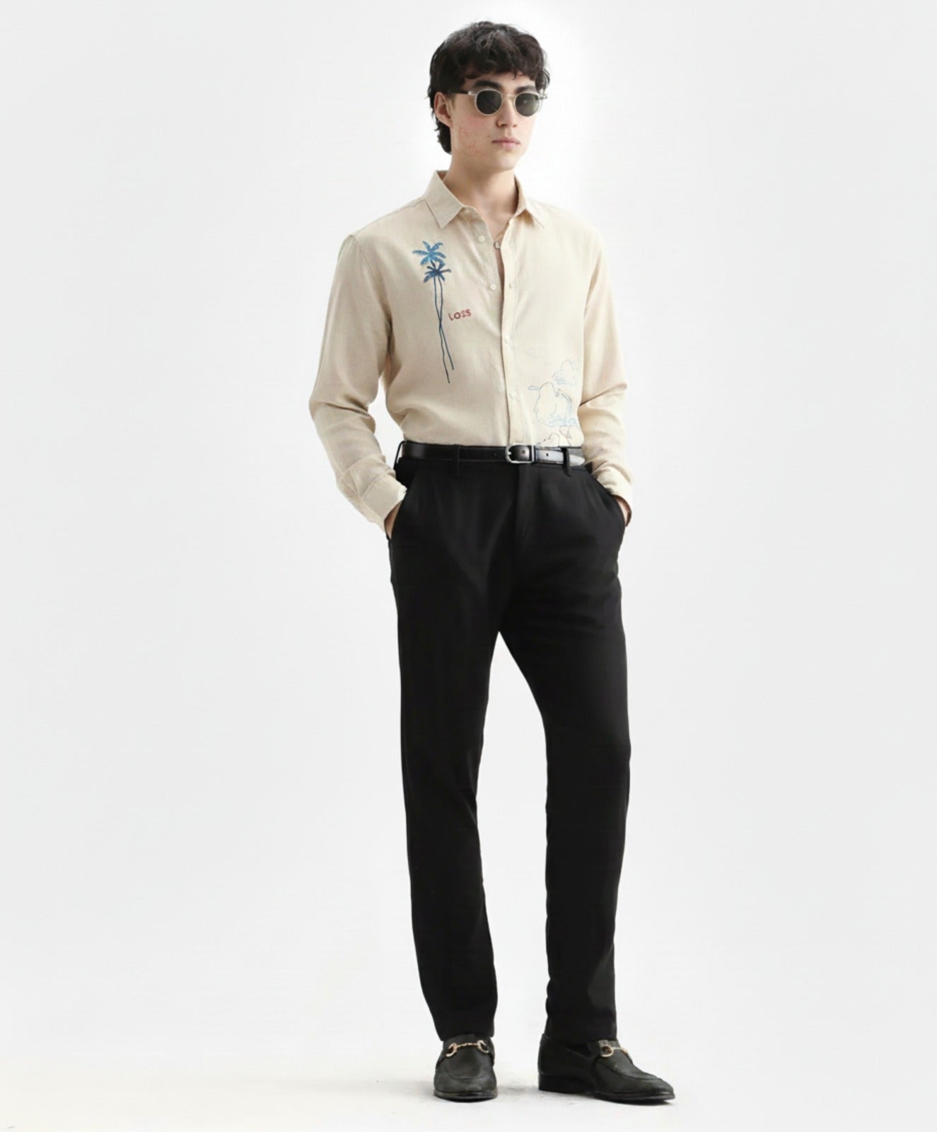 Men’s Embroidered Shirt with Palm Tree & Cloud Art