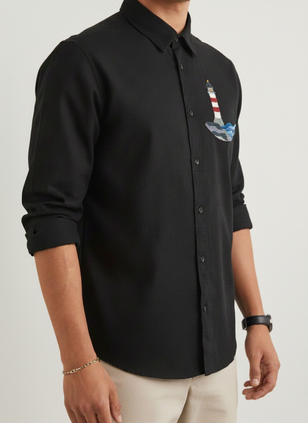 Men’s Button-Down Shirt with Lighthouse & Ocean Wave Embroidered Design