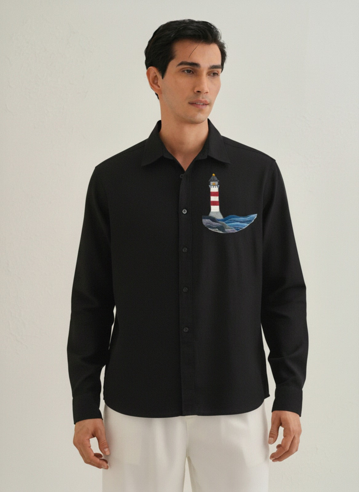 Men’s Button-Down Shirt with Lighthouse & Ocean Wave Embroidered Design