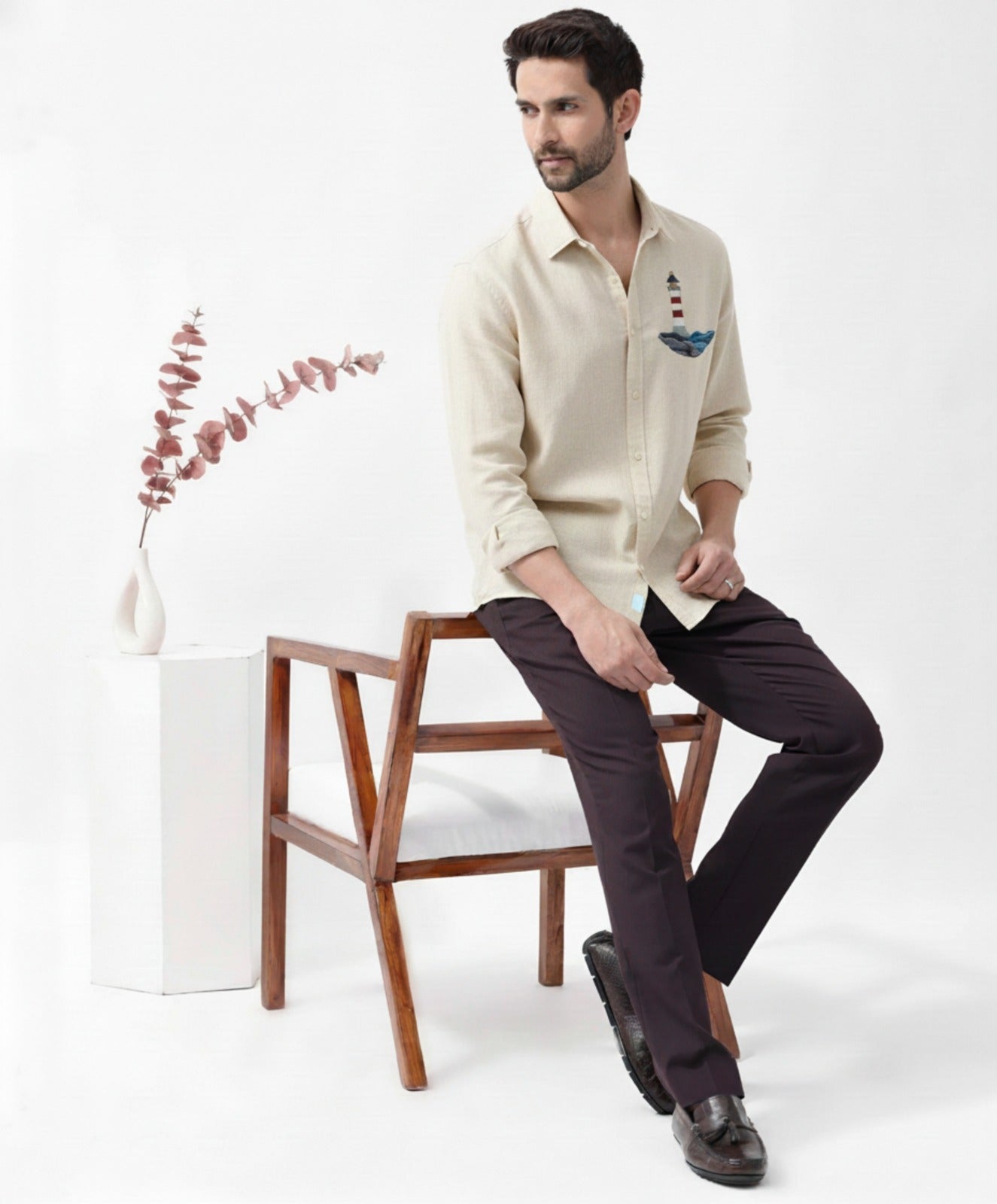 Men’s Button-Down Shirt with Lighthouse & Ocean Wave Embroidered Design