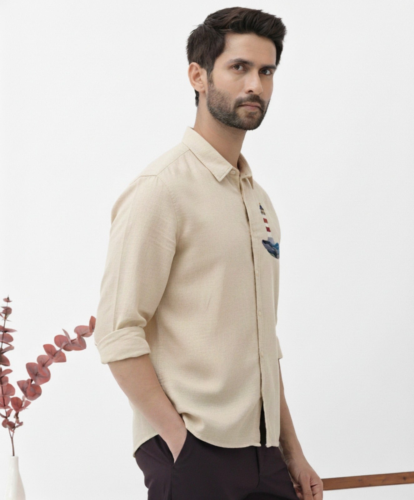 Men’s Button-Down Shirt with Lighthouse & Ocean Wave Embroidered Design