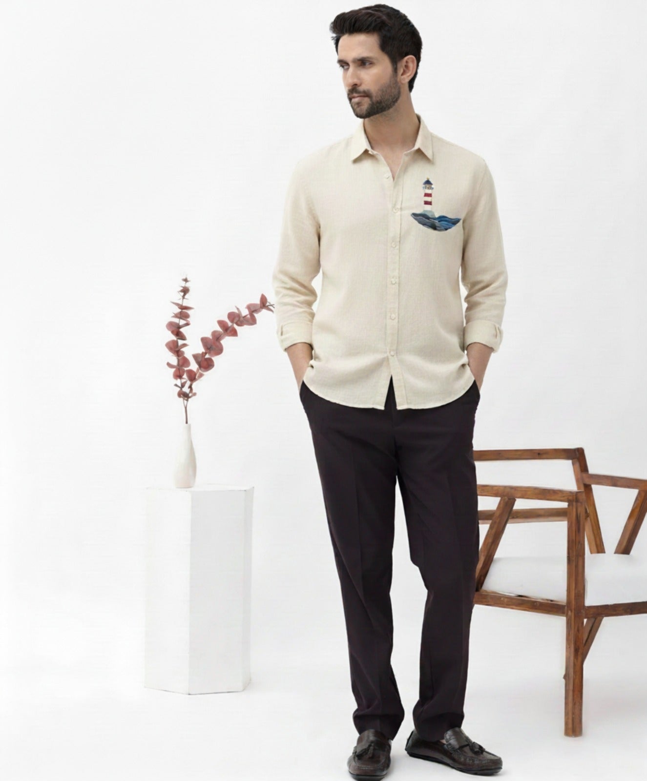 Men’s Button-Down Shirt with Lighthouse & Ocean Wave Embroidered Design