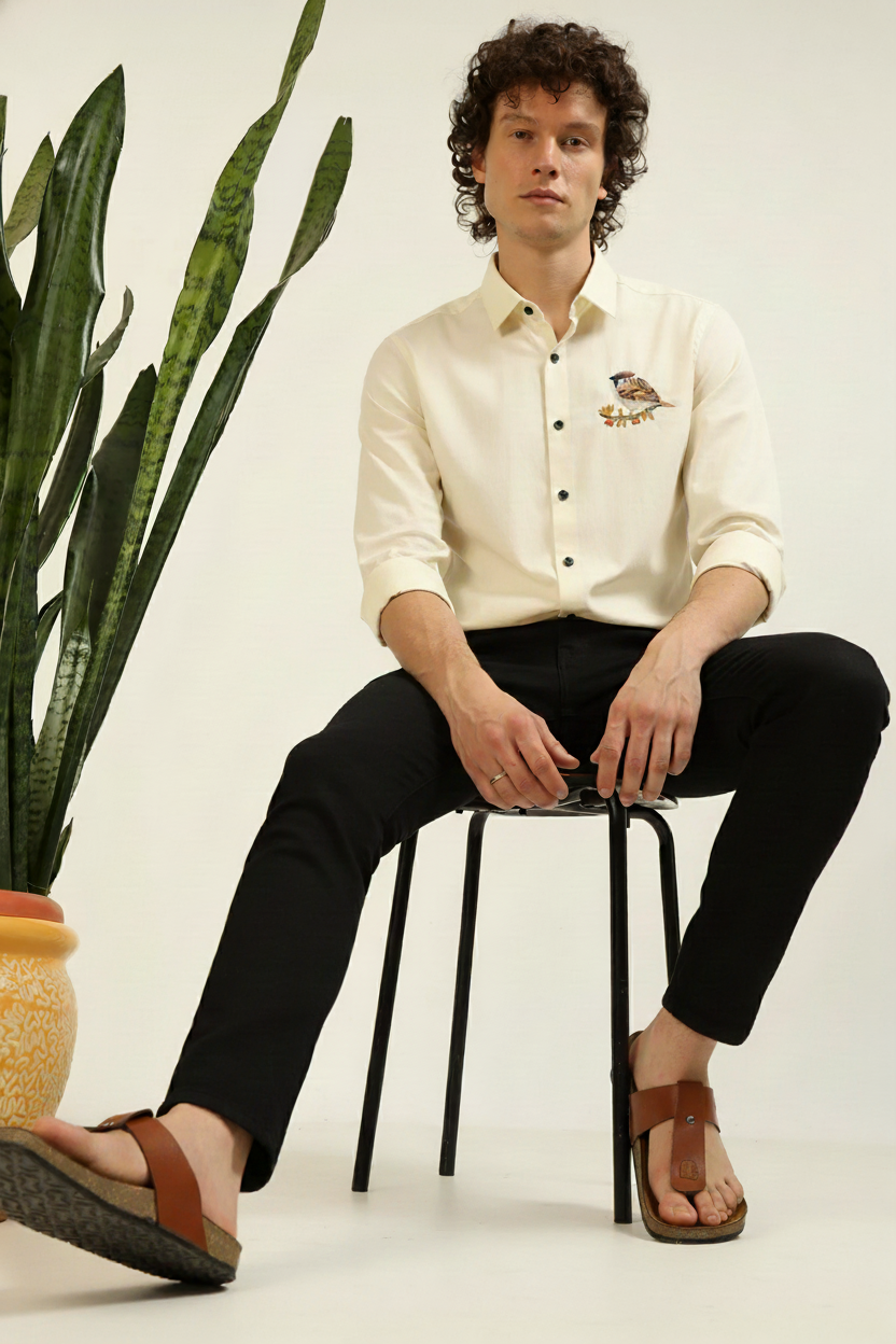 Men’s Cream Slim Fit Shirt with Bird Embroidery on Chest