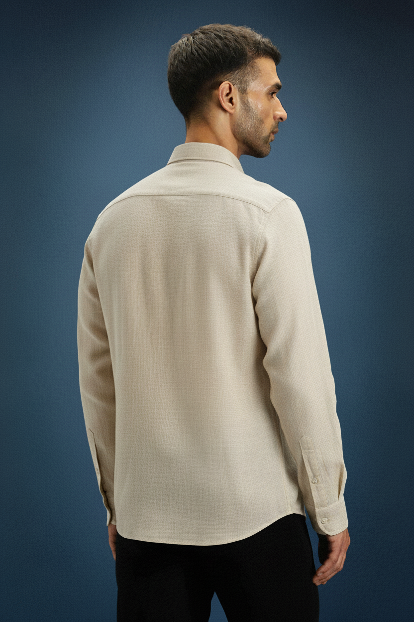 Men’s Beige Textured Slim Fit Shirt with Subtle Embroidered Logo & Classic Collar