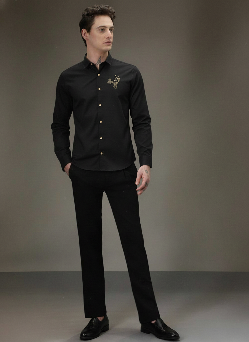 Men’s Black Slim Fit Shirt with Golden Deer Embroidery & Contrast Buttons