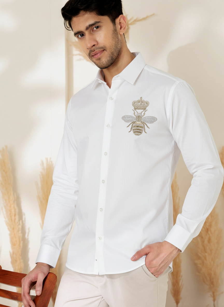Men's Black Button-Up Shirt with Crowned Bee Design