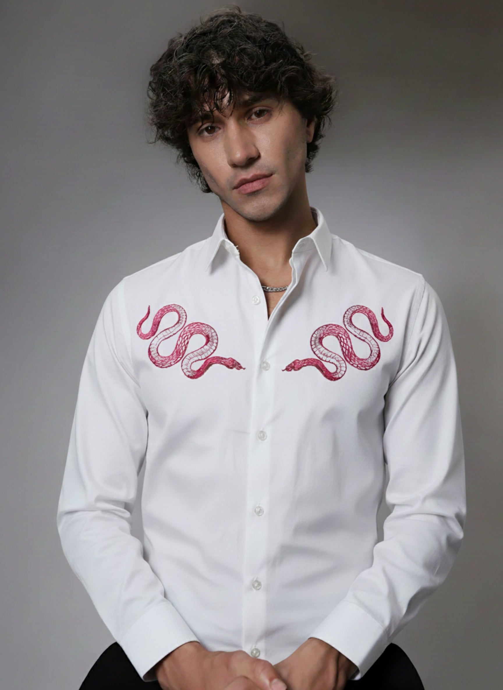 Men's Micro-Ribbed Streetwear Shirt with Pink Snake Embroidery