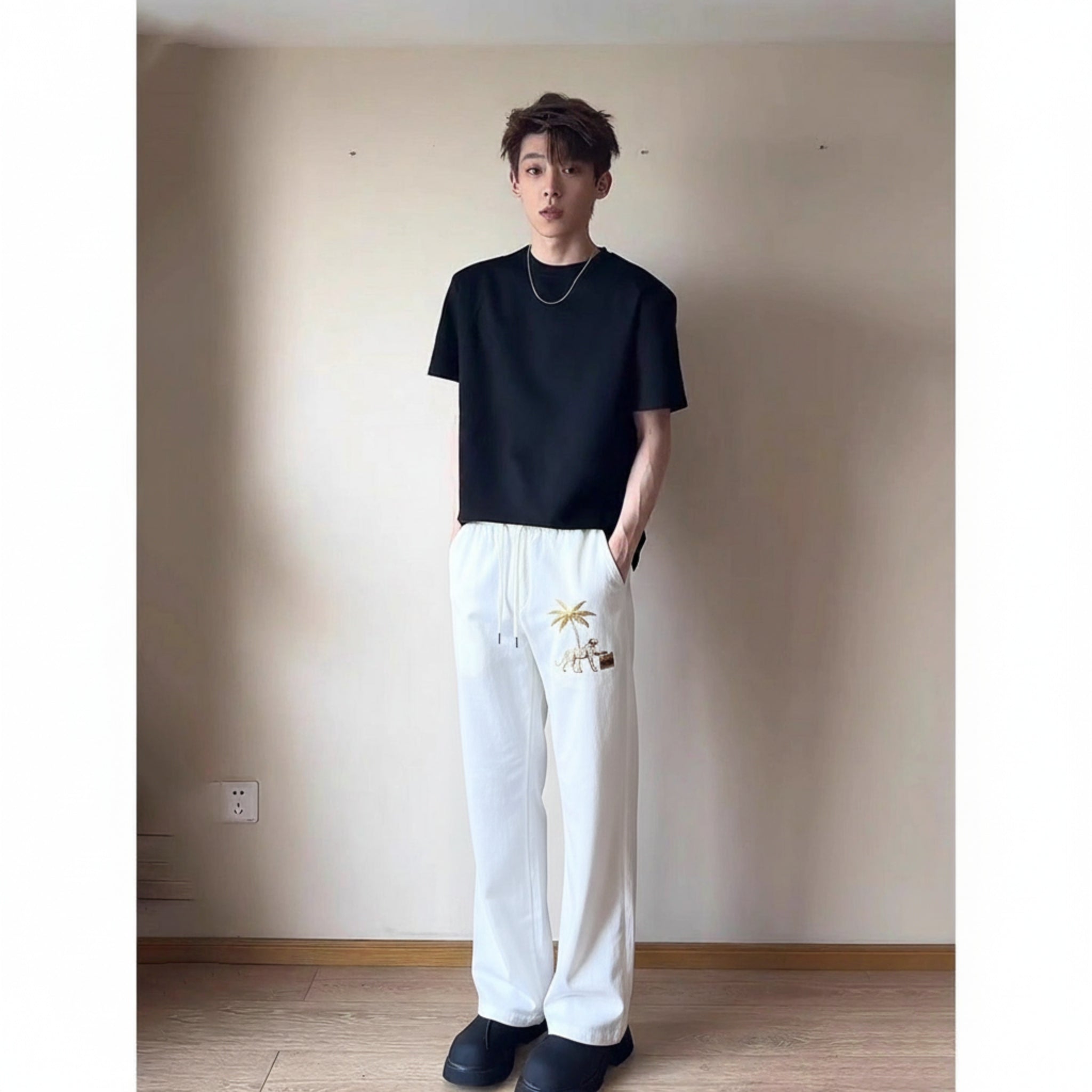 Palm Tree Embroidered Relaxed-Fit Trouser