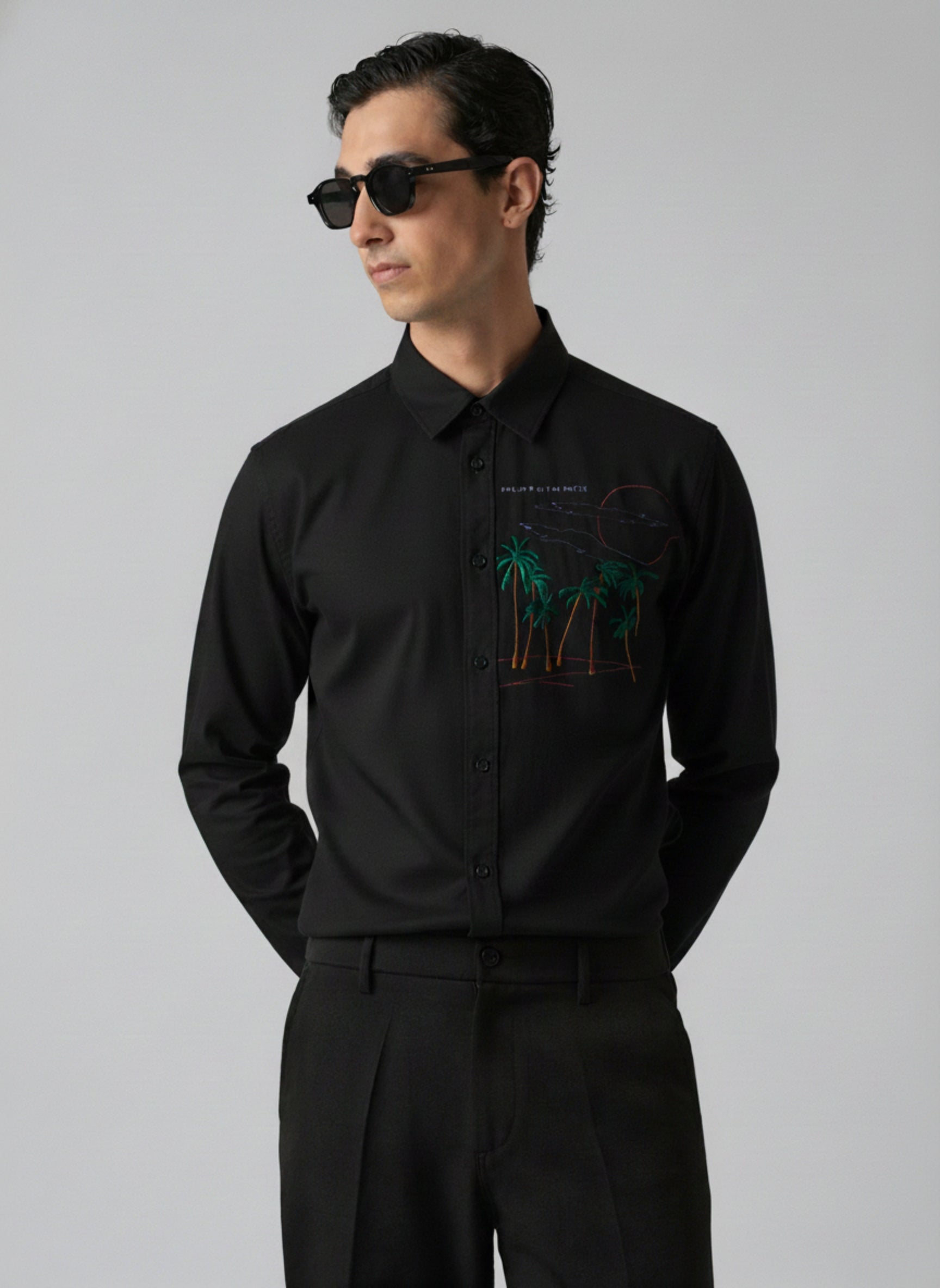 Men’s Casual Linen-Blend Embroidered Palm Tree Shirt