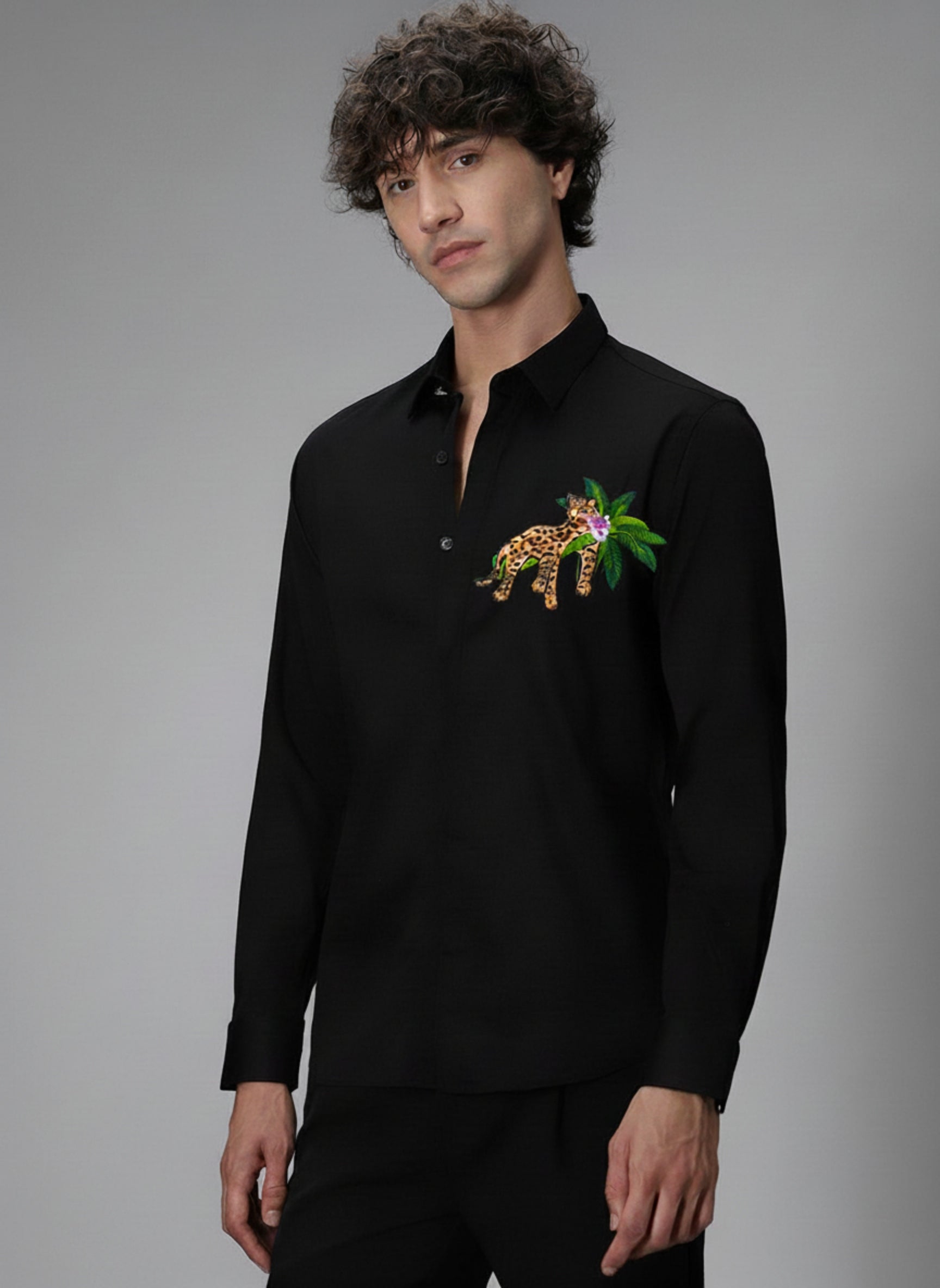 Men's Slim-Fit Shirt with Embroidered Leopard & Palm Leaf