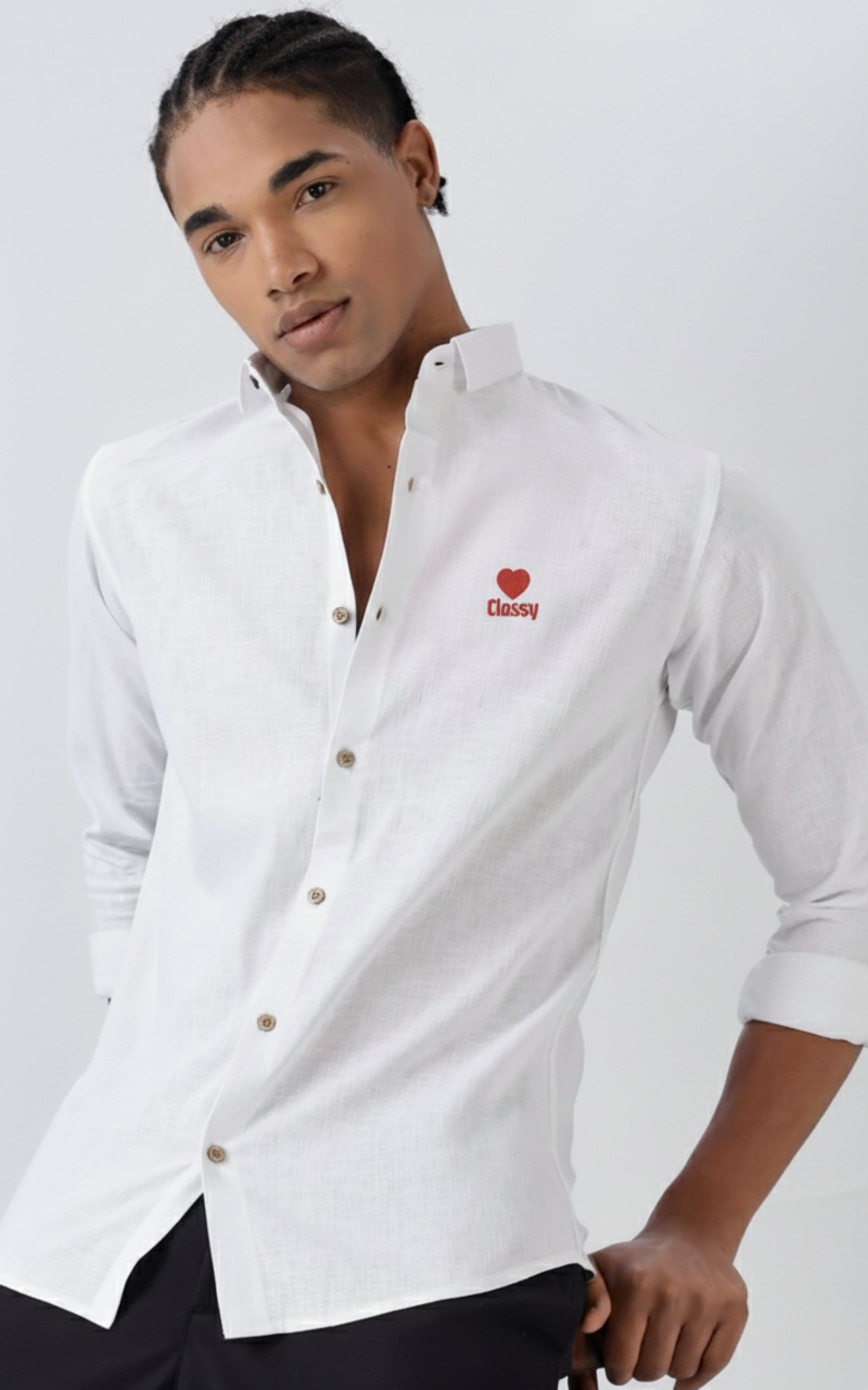 Men's "Classy" Heart Print Casual Button-Down Shirt with Contrast Buttons