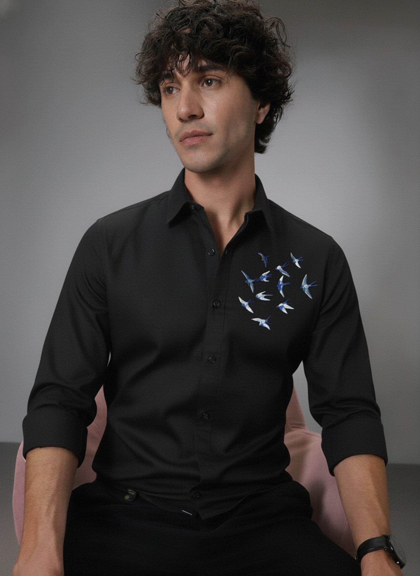 Men's Slim-Fit Shirt with Blue Swallow Flock Embroidery