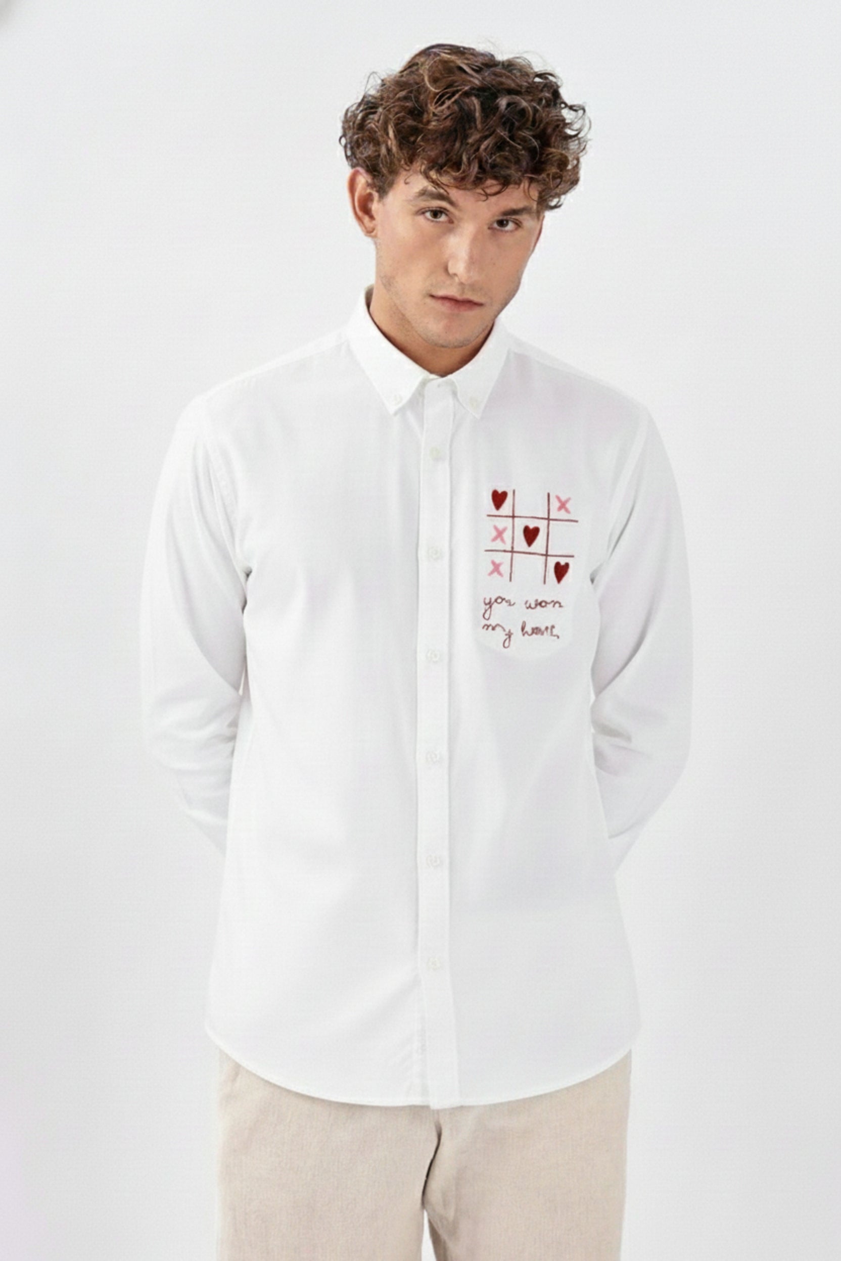 Men's Oxford Shirt with "Tic-Tac-Toe" Heart Embroidery
