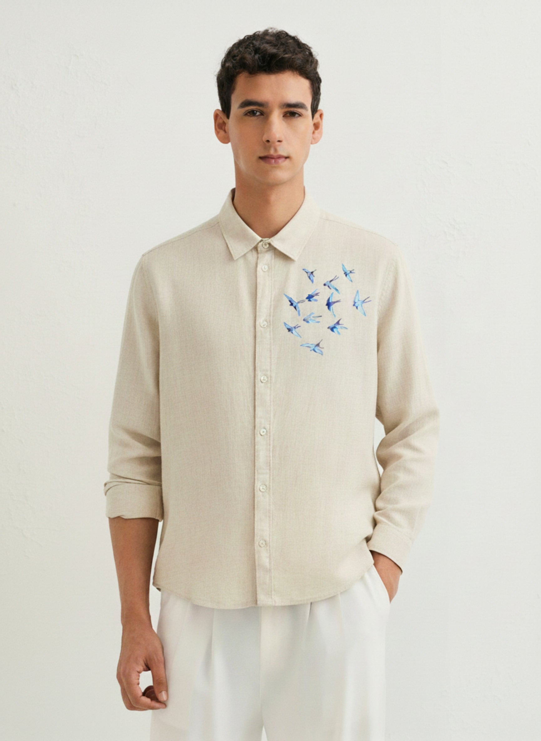 Men's Slim-Fit Shirt with Blue Swallow Flock Embroidery