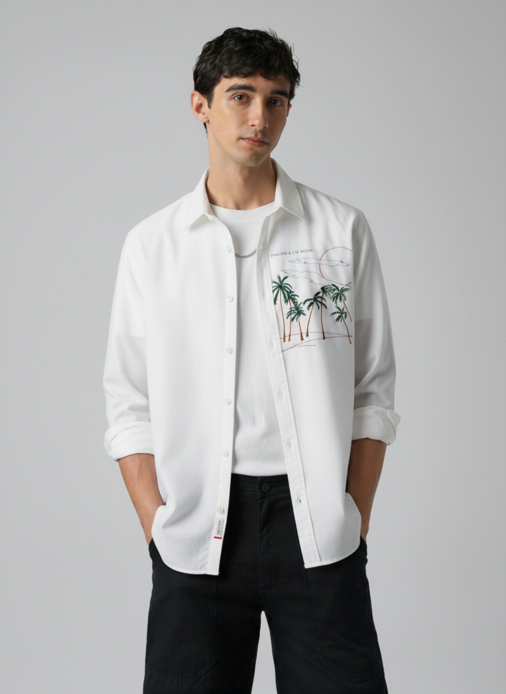 Men’s Casual Linen-Blend Embroidered Palm Tree Shirt