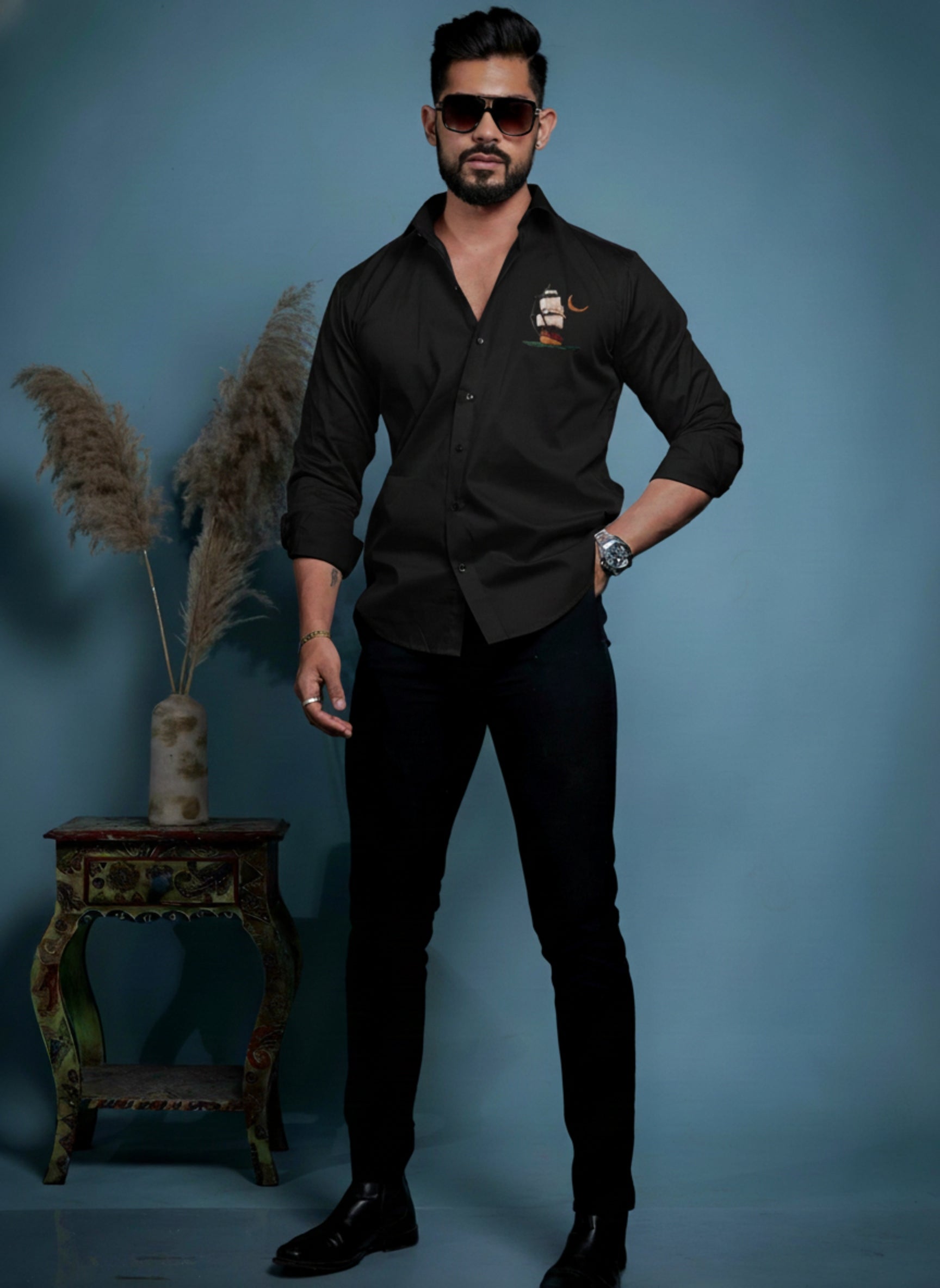 Men’s Premium Button-Down Shirt with Sailboat & Crescent Moon Embroidered Design