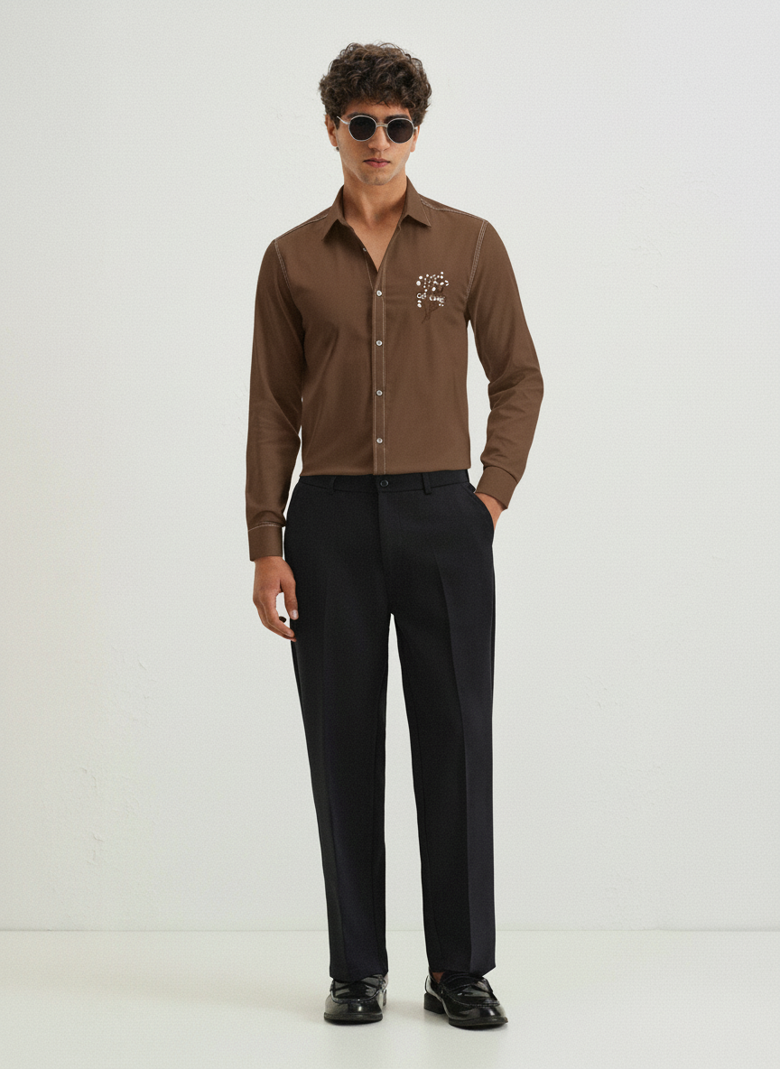 Men’s Brown Slim Fit Shirt with “Offline” Embroidery & Contrast Stitch Detailing