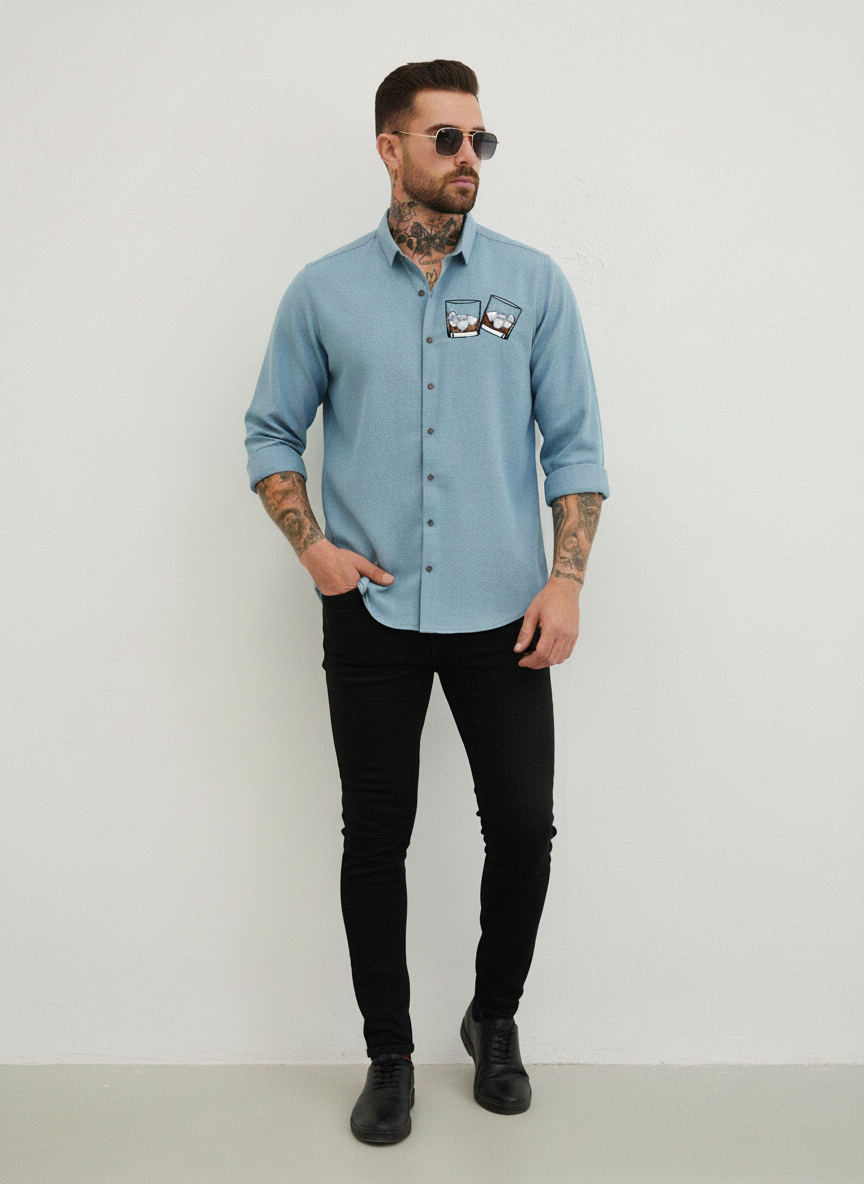 Men’s Light Blue “Whiskey Glass” Embroidered Casual Shirt