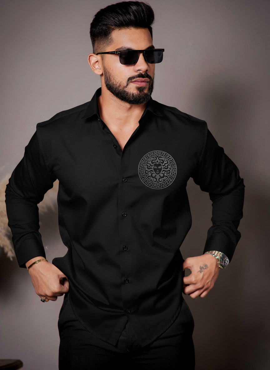Men’s Black Luxury Embroidered Medusa Dress Shirt