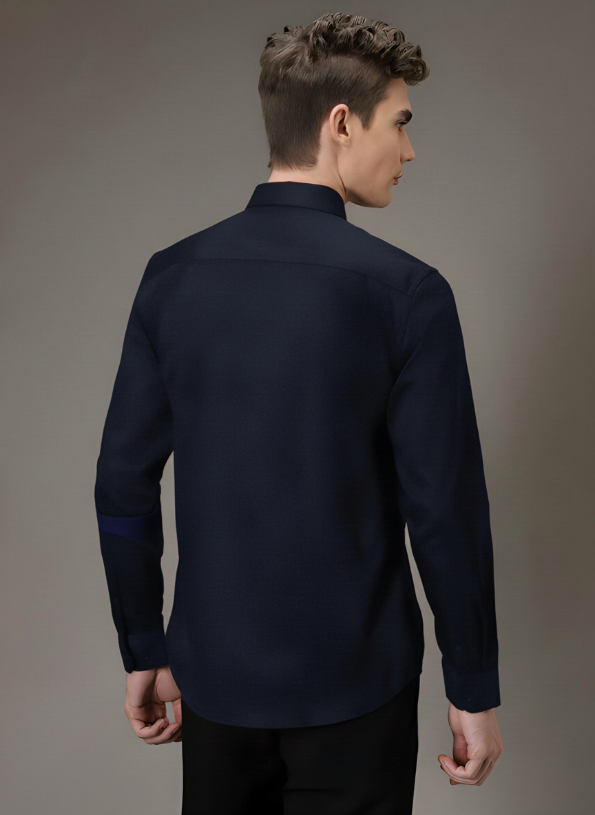 Men’s Navy Blue Slim Fit Shirt with Dual Geometric Bird Embroidery