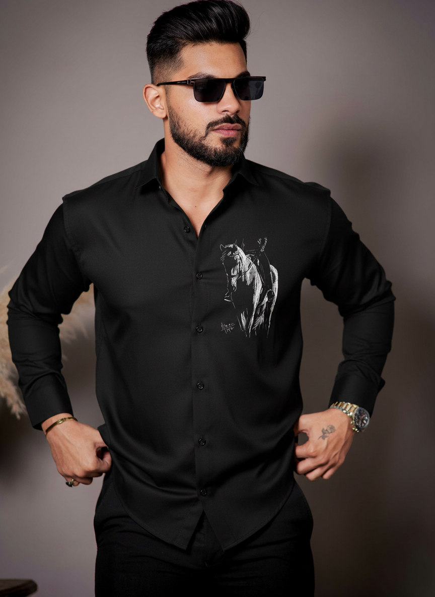 Men's Black Shirt with Equestrian Sketch Print