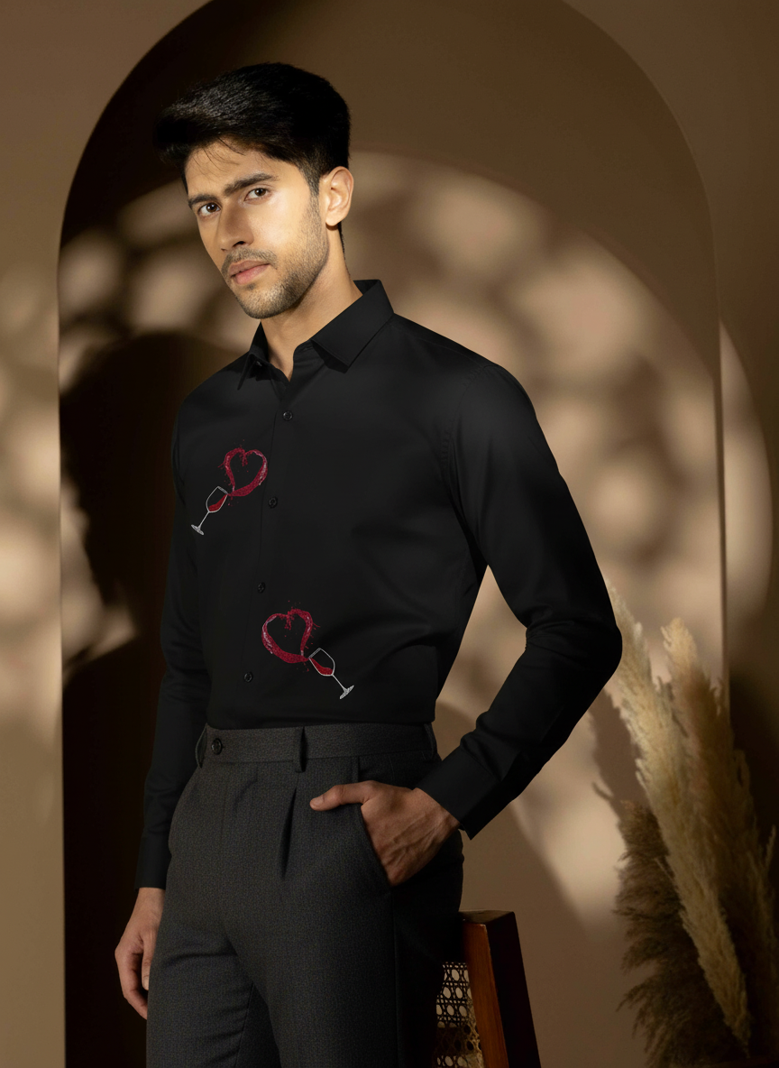 Men's Button-Up Shirt with Wine Glass & Heart Design