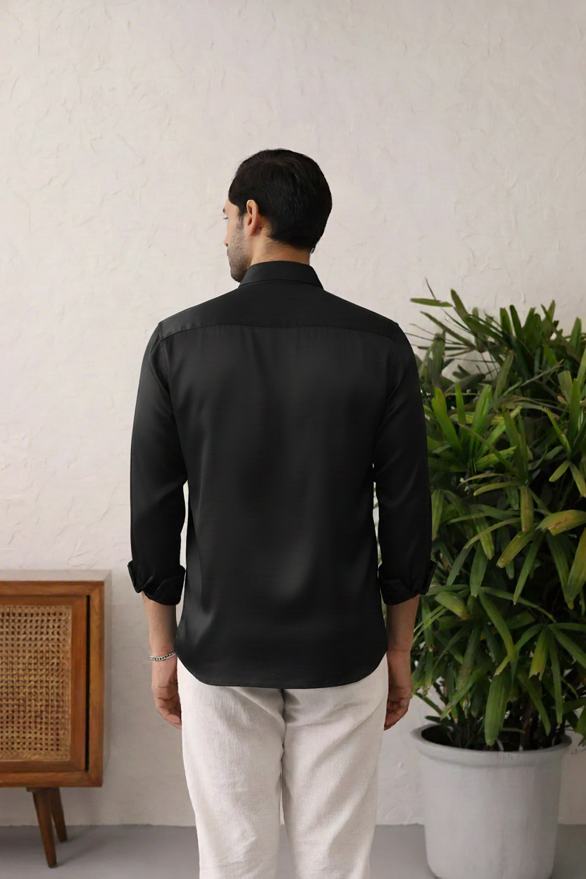 Men’s Black Slim Fit Shirt with Abstract Horse Embroidery & Button-Down Front