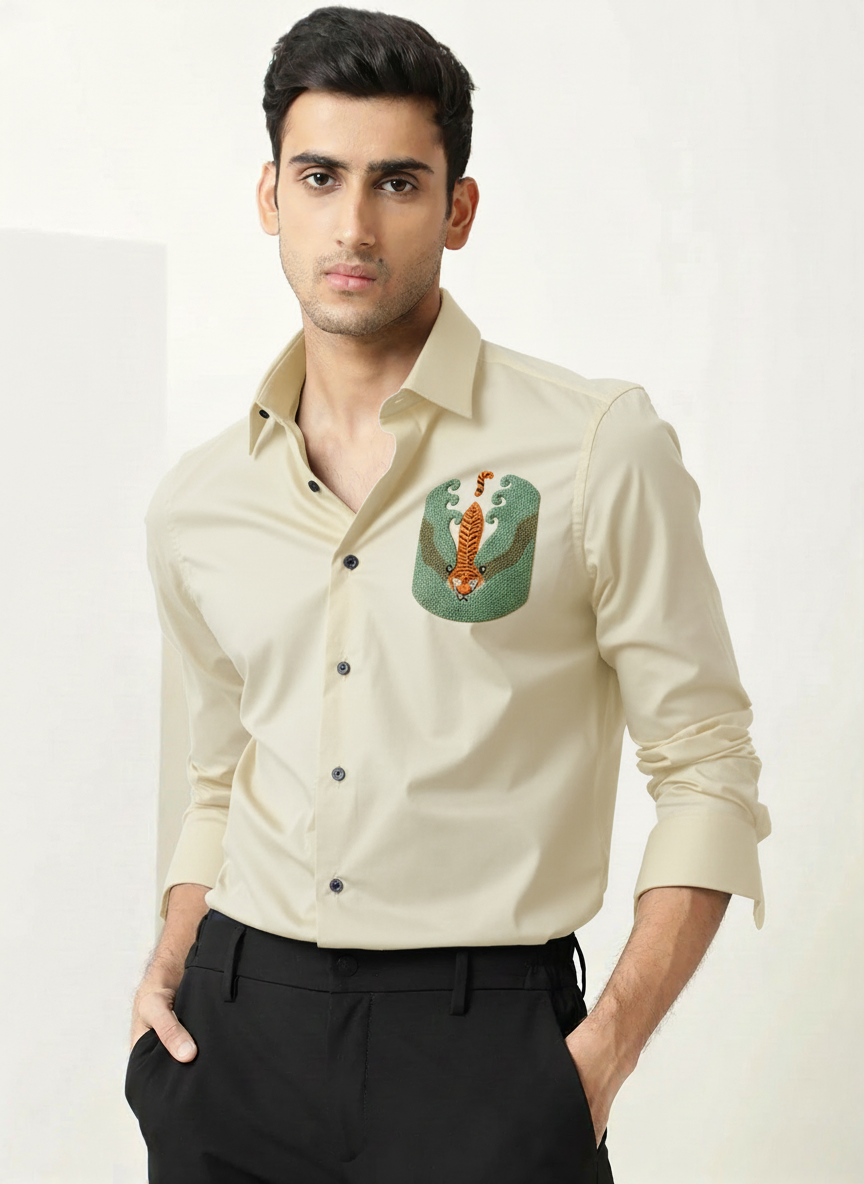 Men’s Cream Slim Fit Shirt with Tiger and Wave Embroidery