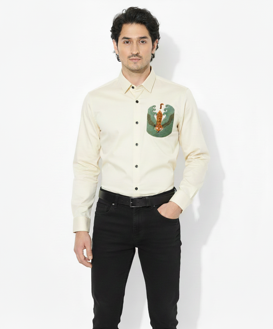Men’s Cream Slim Fit Shirt with Tiger and Wave Embroidery