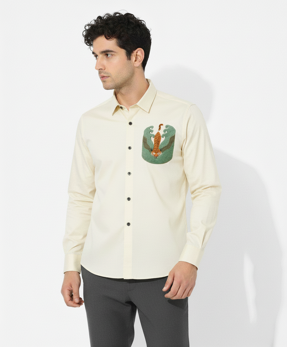 Men’s Cream Slim Fit Shirt with Tiger and Wave Embroidery