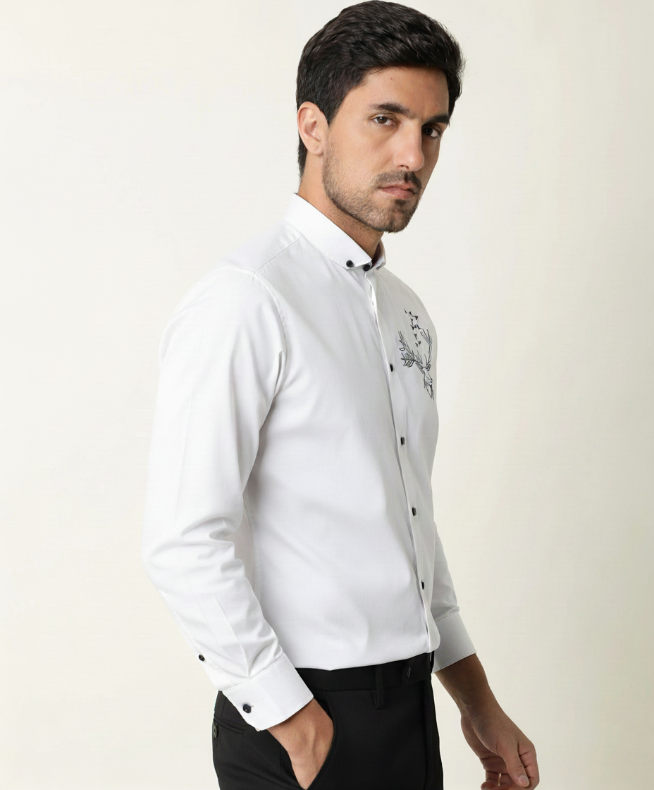Men’s White Slim Fit Shirt with Black Contrast Collar & Stag Embroidery Detail