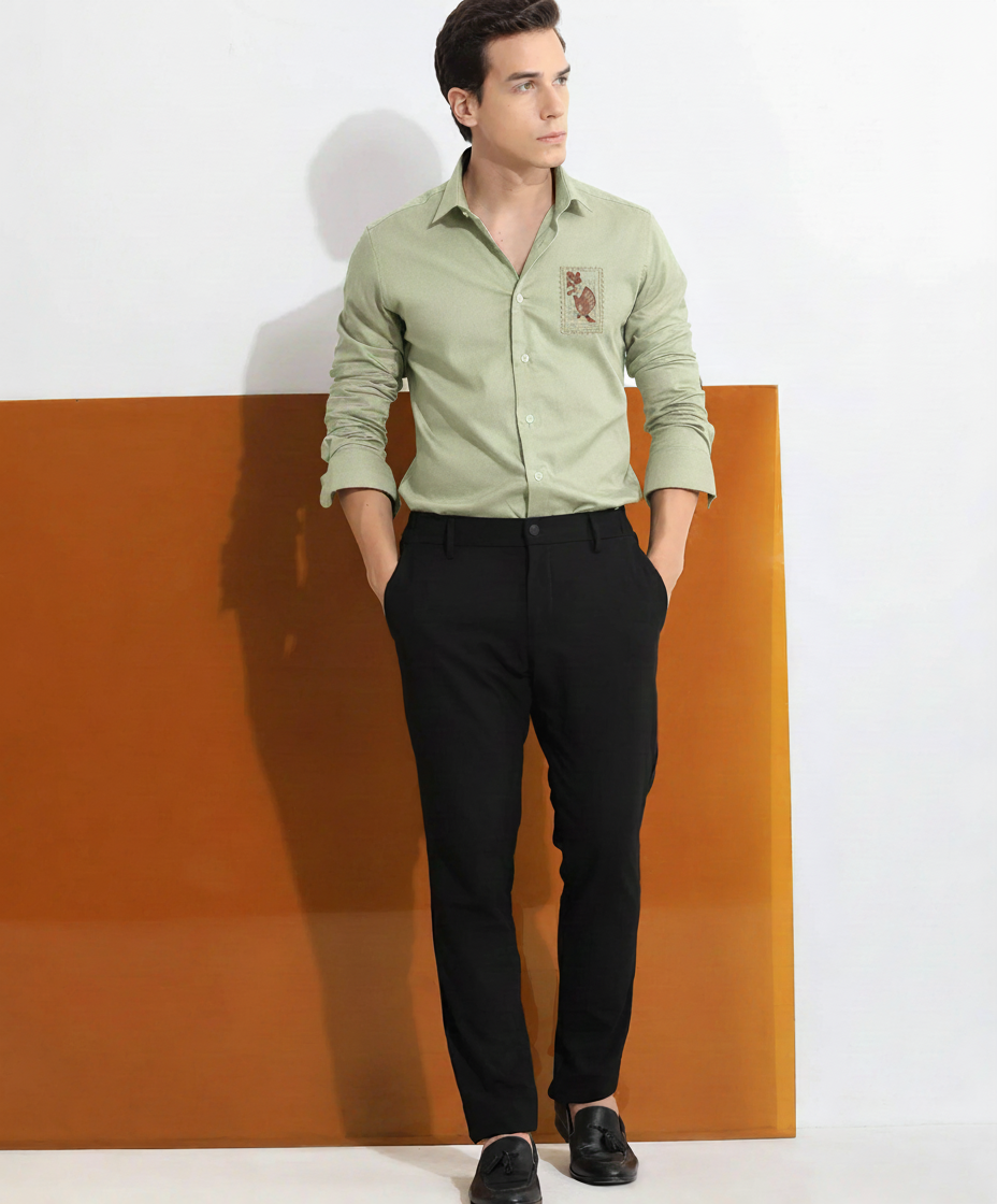 Men’s Light Sage Green Shirt with Artistic Embroidered Motif