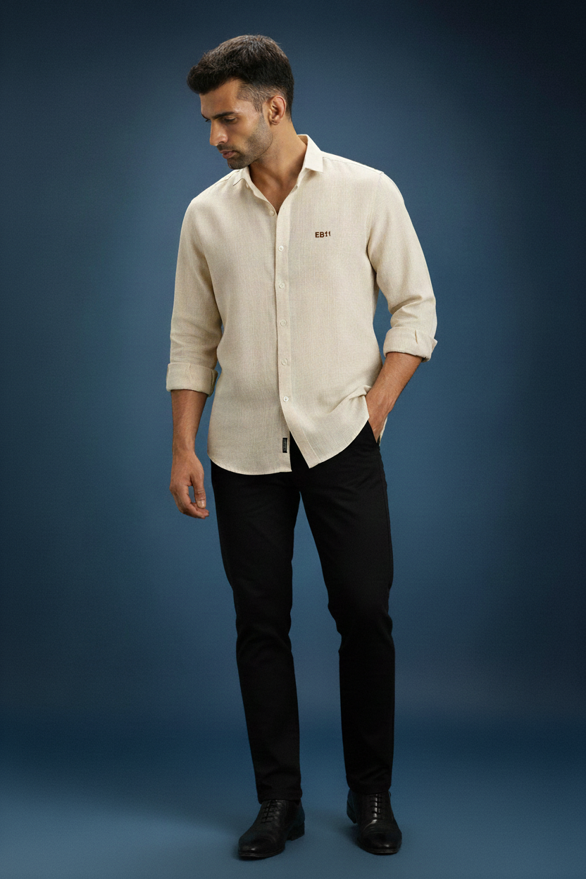 Men’s Beige Textured Slim Fit Shirt with Subtle Embroidered Logo & Classic Collar