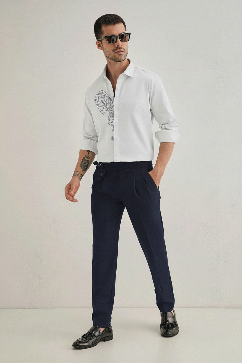 Men’s White Slim Fit Shirt with Geometric Elephant Embroidery & Concealed Placket