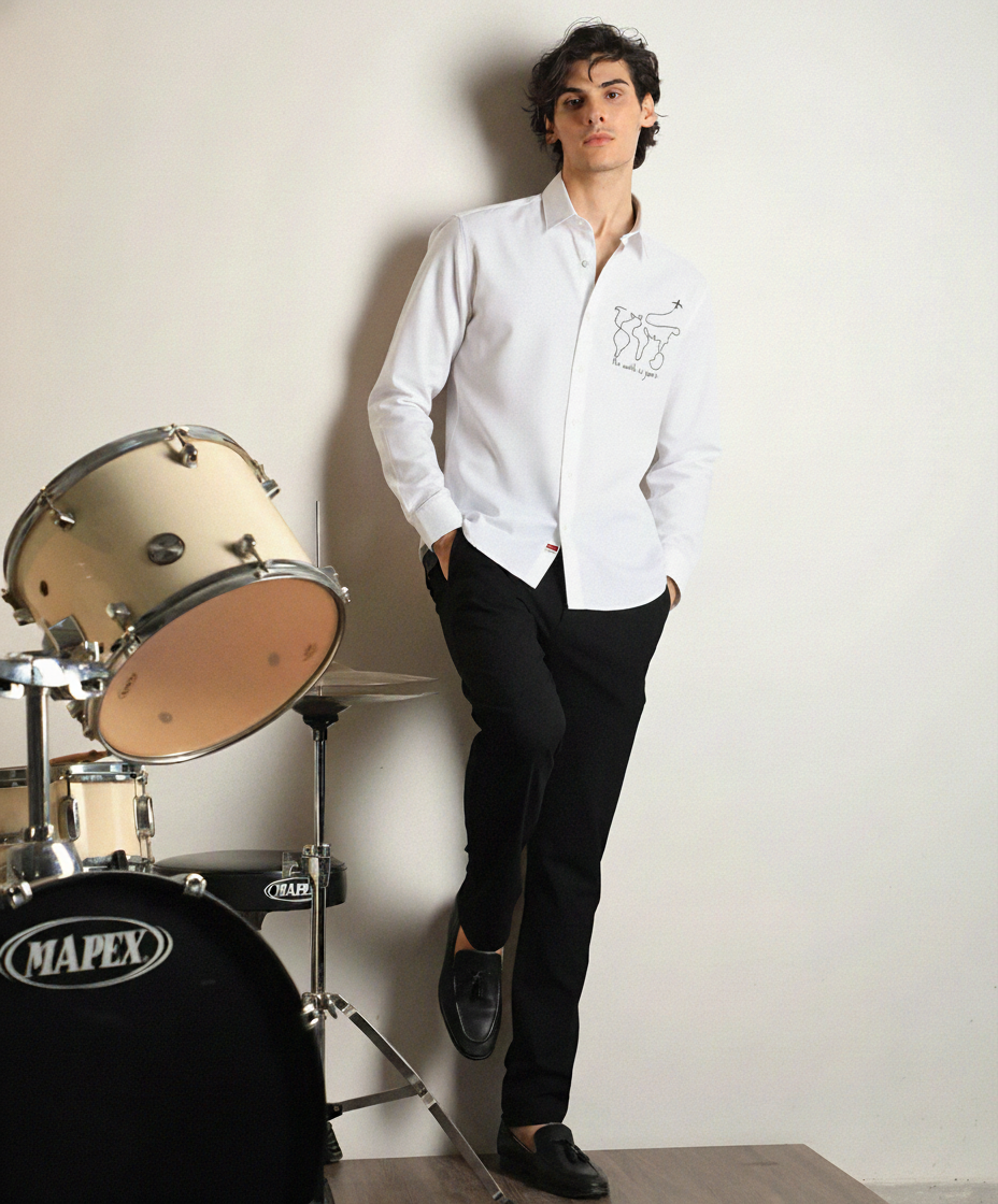 Men’s White “The World is Yours” Embroidered Travel-Inspired Shirt