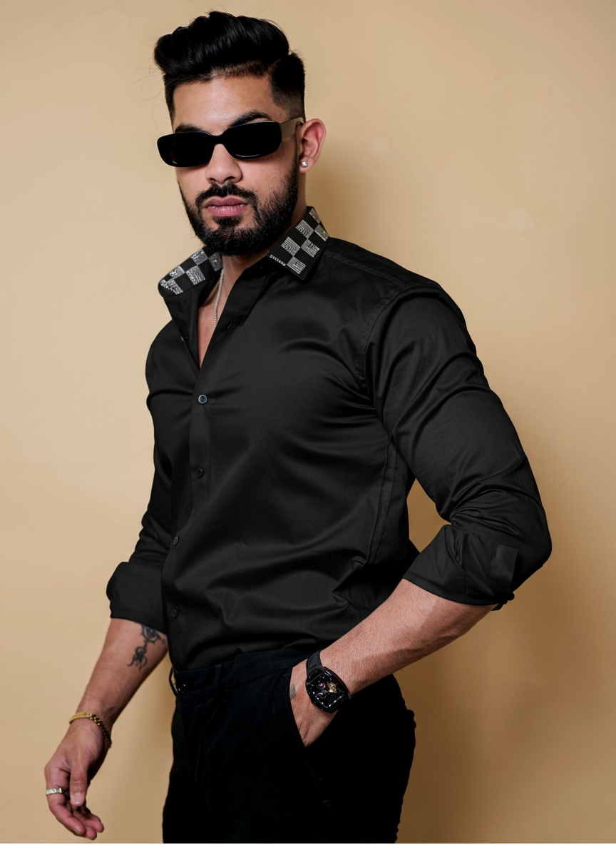 Geometric Checkered Collar & Cuff Detailing Shirt