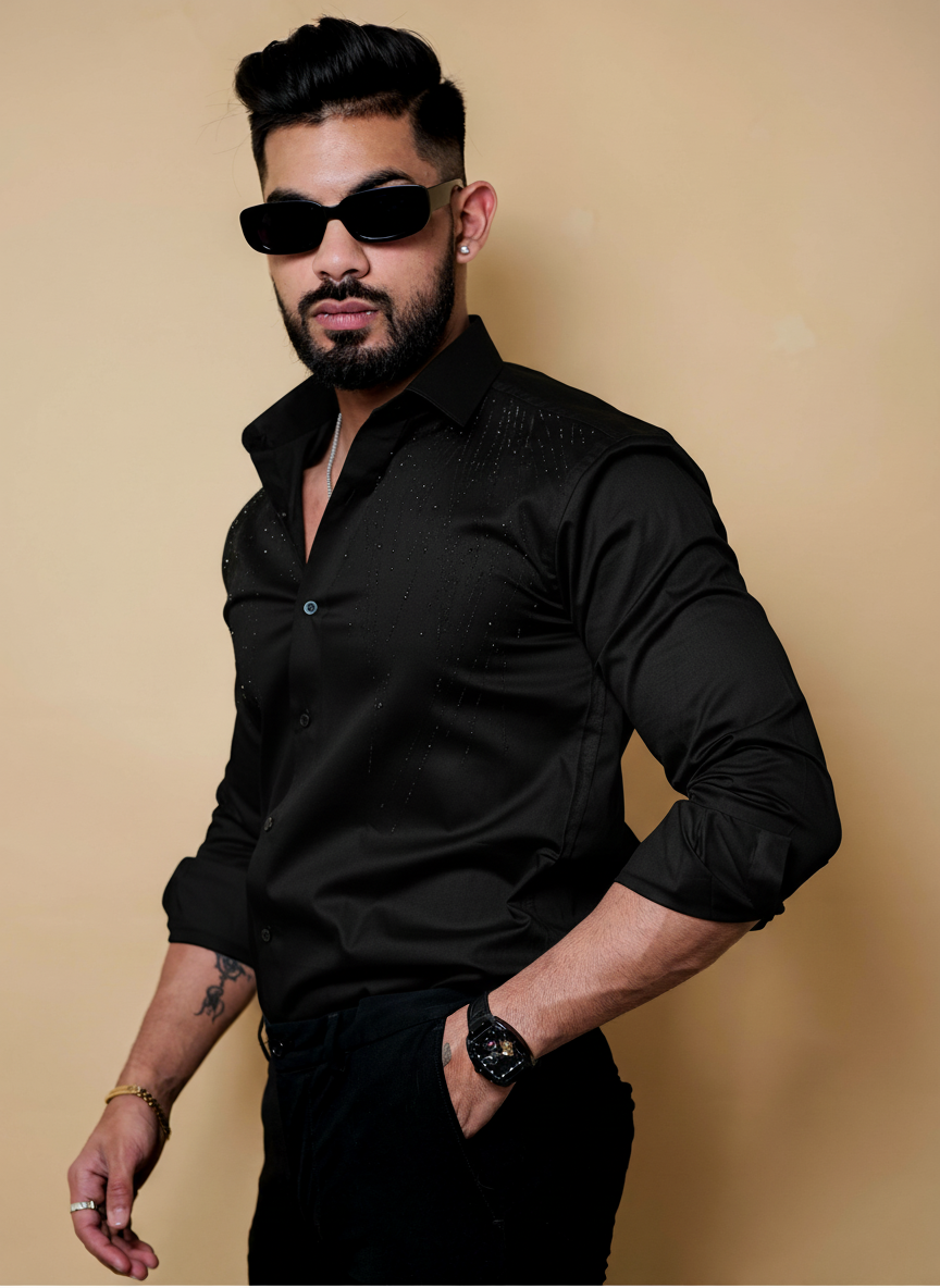 Men's Black Luxury Shirt with Subtle Beaded Sparkle Pattern