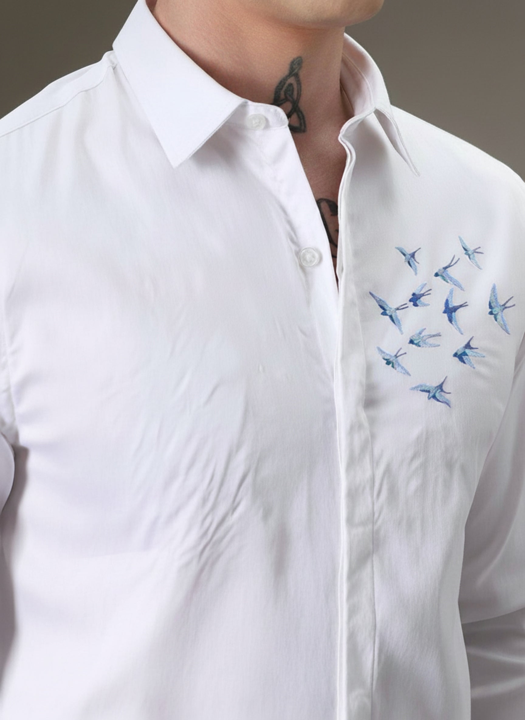 Men's Slim-Fit Shirt with Blue Swallow Flock Embroidery